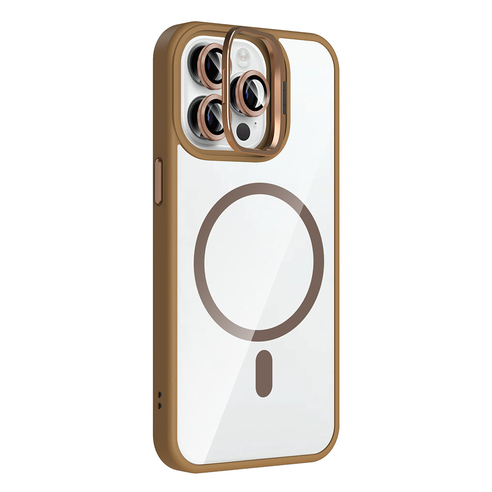 Apple iPhone 14 Pro Max Kılıf Standlı ve Kamera Lens Hediyeli M-Safe Şarj Özellikli Zore Etro Kapak Desert Titanyum