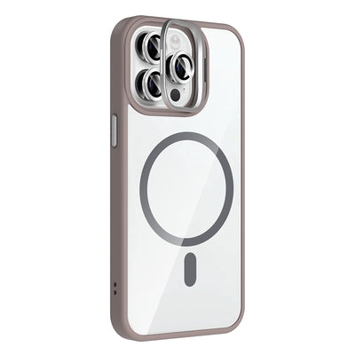 Apple iPhone 14 Pro Max Kılıf Standlı ve Kamera Lens Hediyeli M-Safe Şarj Özellikli Zore Etro Kapak Gri