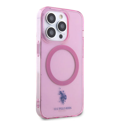 Apple iPhone 14 Pro Max Kılıf U.S. POLO ASSN. Magsafe Şarj Özellikli Transparan Tasarım Kapak Pembe