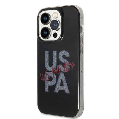 Apple iPhone 14 Pro Max Kılıf U.S. POLO ASSN. Simli Parlak Alfabe Tasarım Kapak Petrol Mavi