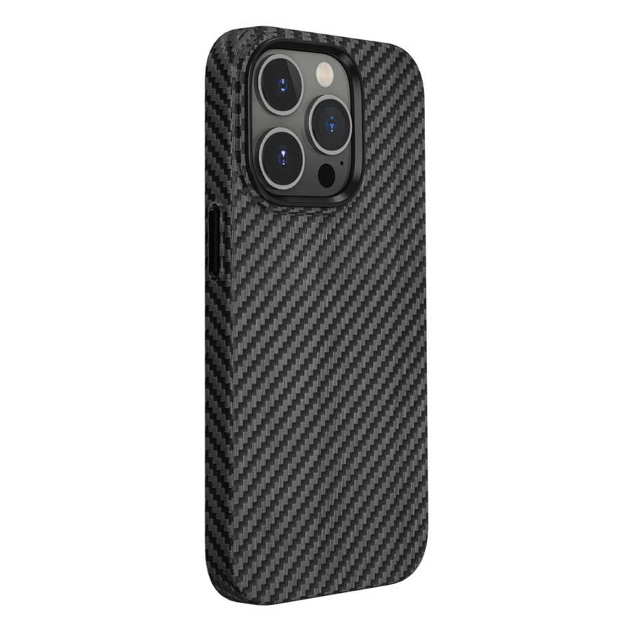Apple iPhone 14 Pro Max Kılıf Wiwu Karbon Fiber Görünümlü Magsafe Wireless Şarj Özellikli Kabon Kapak Mavi