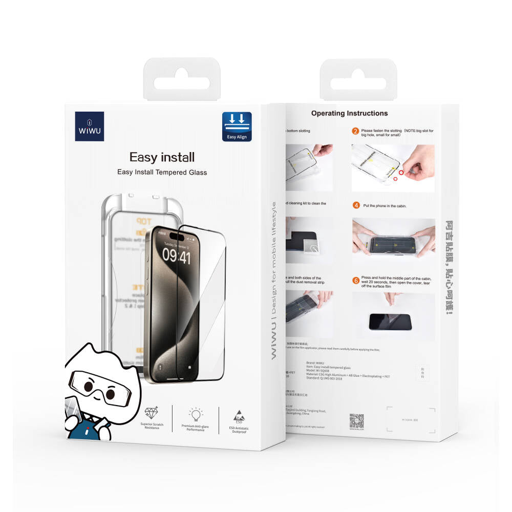 iPhone 14 Pro Max Wiwu SQ-008 Oleofobik Easy Install Darbeye Karşı Dayanıklı Temperli Cam Ekran Koruyucu + Kolay Uygulama Aparatlı