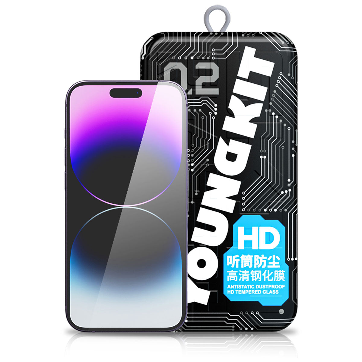 Apple iPhone 14 Pro Youngkit Antistatik Ve Antidust Kolay Uygulama Aparatlı Cam Ekran Koruyucu Renksiz