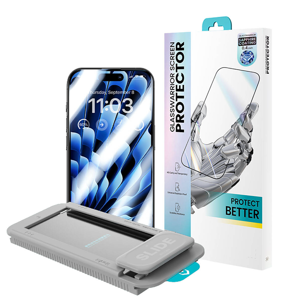 Apple iPhone 15 Benks Glass Warrior Safir Coating Ekran Koruyucu + Kolay Uygulama Aparatlı Siyah
