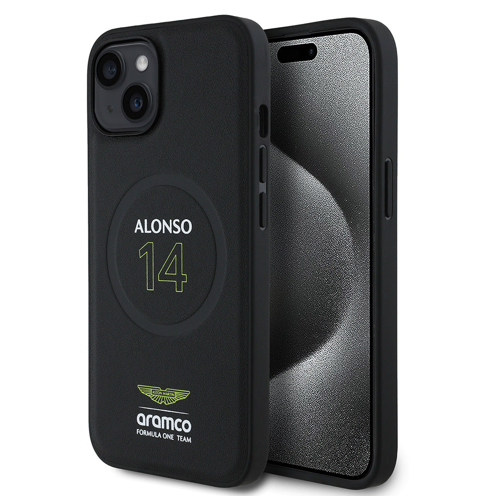 Apple iPhone 15 Kılıf Aston Martin Orjinal Lisanslı M-safe Şarj Özellikli PU Deri Alonso 14 Baskılı Kapak Siyah