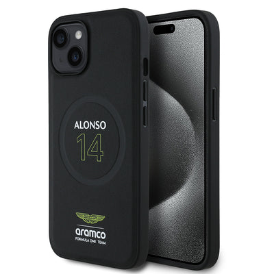 Apple iPhone 15 Kılıf Aston Martin Orjinal Lisanslı M-safe Şarj Özellikli PU Deri Alonso 14 Baskılı Kapak Siyah