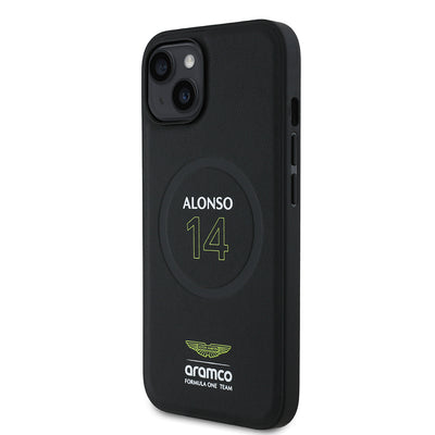 Apple iPhone 15 Kılıf Aston Martin Orjinal Lisanslı M-safe Şarj Özellikli PU Deri Alonso 14 Baskılı Kapak Siyah