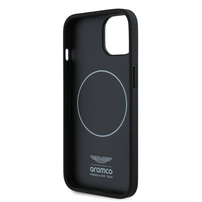Apple iPhone 15 Kılıf Aston Martin Orjinal Lisanslı M-safe Şarj Özellikli PU Deri Alonso 14 Baskılı Kapak Siyah