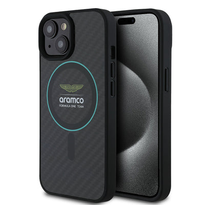 Apple iPhone 15 Kılıf Aston Martin Orjinal Lisanslı M-safe Şarj Özellikli Renkli Halka ve Karbon Fiber Tasarımlı Kapak Siyah-Yeşil