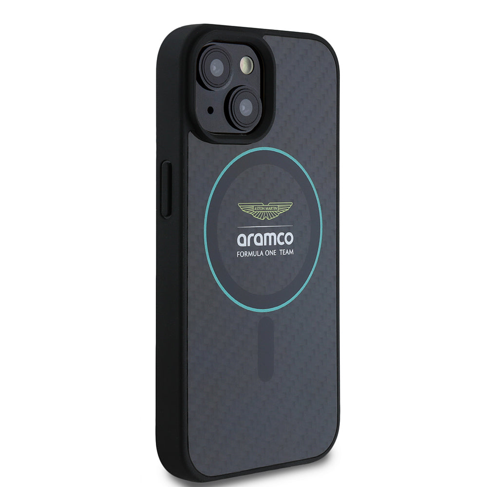 Apple iPhone 15 Kılıf Aston Martin Orjinal Lisanslı M-safe Şarj Özellikli Renkli Halka ve Karbon Fiber Tasarımlı Kapak Siyah-Yeşil