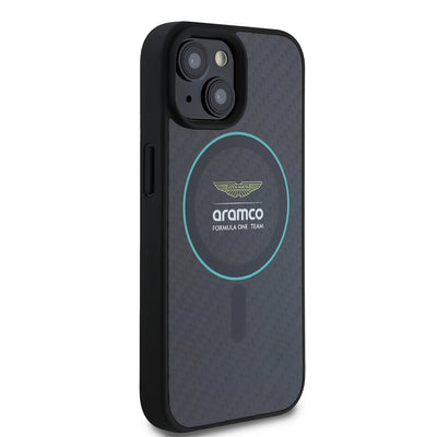 Apple iPhone 15 Kılıf Aston Martin Orjinal Lisanslı M-safe Şarj Özellikli Renkli Halka ve Karbon Fiber Tasarımlı Kapak Siyah-Yeşil