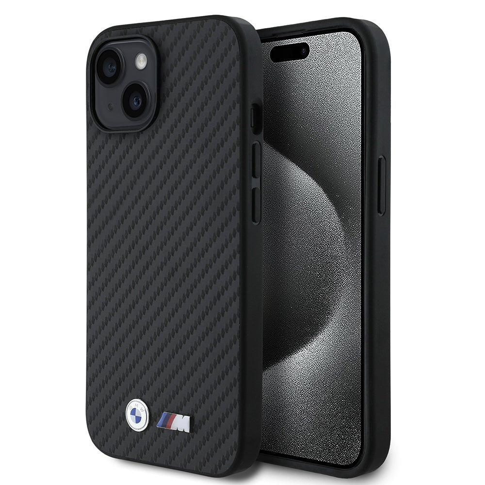 iPhone 15 Kılıf BMW Orjinal Lisanslı Karbon Fiber Tasarımlı ve Metal Logolu PU Deri Kılıf