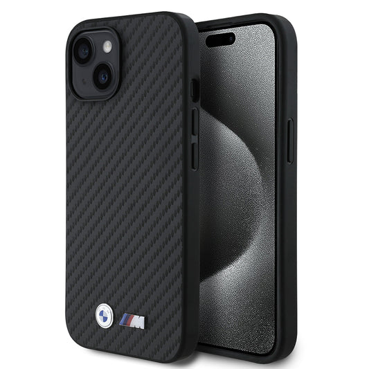 iPhone 15 Kılıf BMW Orjinal Lisanslı Karbon Fiber Tasarımlı ve Metal Logolu PU Deri Kılıf