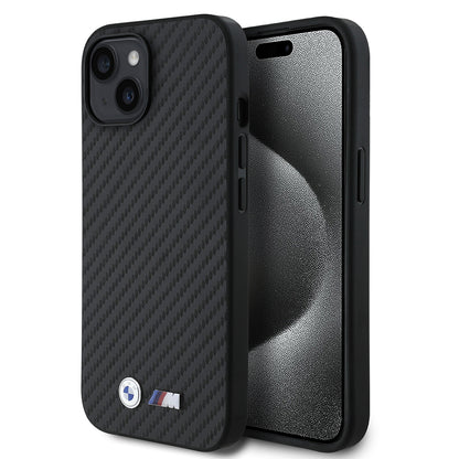 iPhone 15 Kılıf BMW Orjinal Lisanslı Karbon Fiber Tasarımlı ve Metal Logolu PU Deri Kılıf