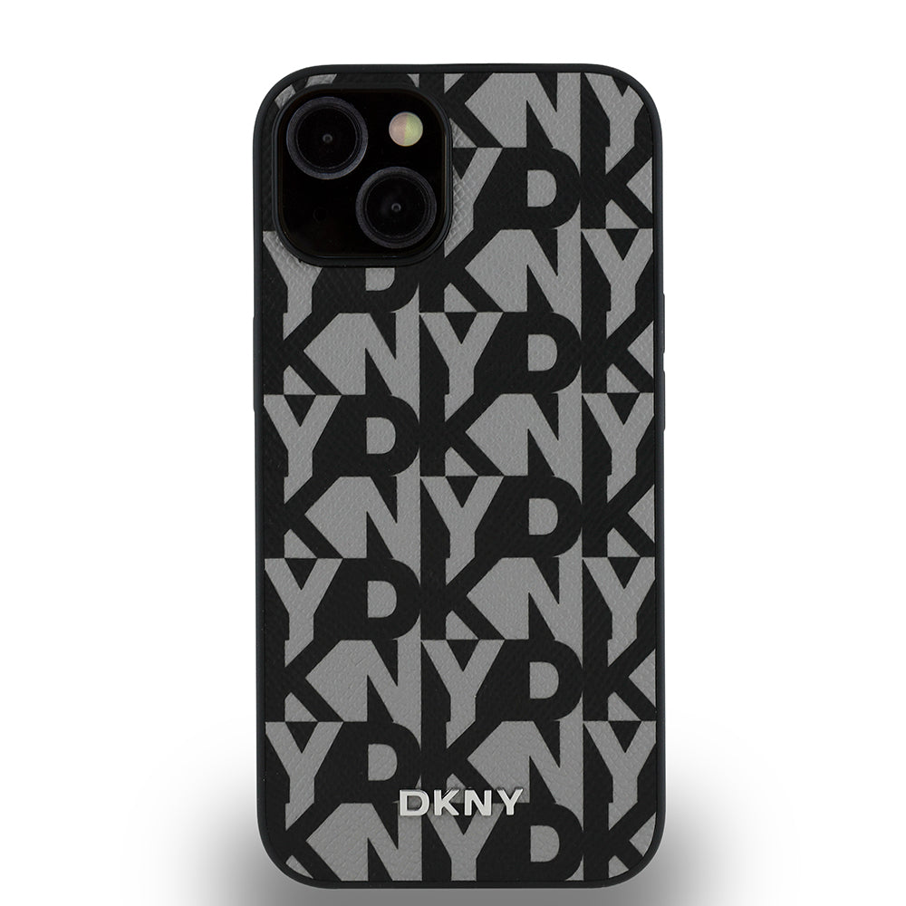 Apple iPhone 15 Kılıf DKNY Orjinal Lisanslı M-safe Şarj Özellikli 3D Yazılı Grid Pattern Kapak Kahverengi
