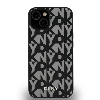 Apple iPhone 15 Kılıf DKNY Orjinal Lisanslı M-safe Şarj Özellikli 3D Yazılı Grid Pattern Kapak Kahverengi