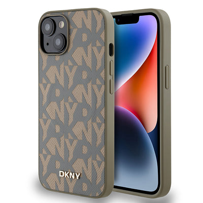 Apple iPhone 15 Kılıf DKNY Orjinal Lisanslı M-safe Şarj Özellikli 3D Yazılı Grid Pattern Kapak Kahverengi