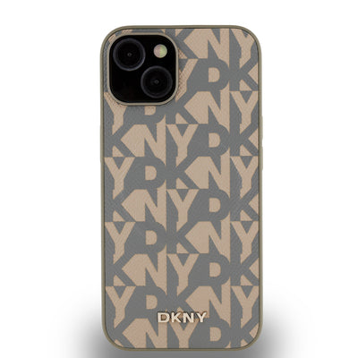 Apple iPhone 15 Kılıf DKNY Orjinal Lisanslı M-safe Şarj Özellikli 3D Yazılı Grid Pattern Kapak Kahverengi