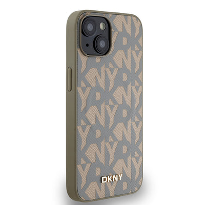 Apple iPhone 15 Kılıf DKNY Orjinal Lisanslı M-safe Şarj Özellikli 3D Yazılı Grid Pattern Kapak Kahverengi