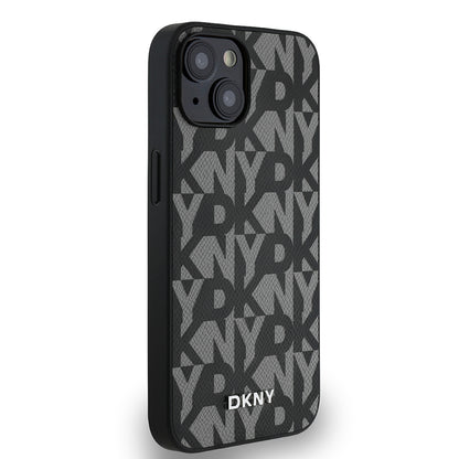 iPhone 15 Kılıf DKNY Orjinal Lisanslı M-safe Şarj Özellikli 3D Yazılı Grid Pattern Kılıf