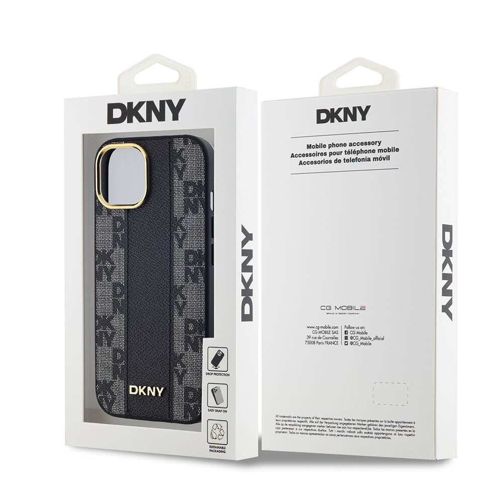 Apple iPhone 15 Kılıf DKNY Orjinal Lisanslı MagSafe Şarj Özellikli 3D Yazılı Checkered Pattern Kapak Siyah
