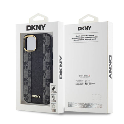 Apple iPhone 15 Kılıf DKNY Orjinal Lisanslı MagSafe Şarj Özellikli 3D Yazılı Checkered Pattern Kapak Siyah