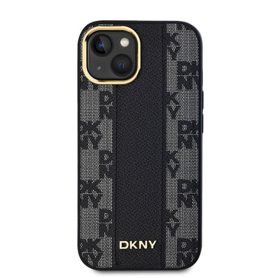 Apple iPhone 15 Kılıf DKNY Orjinal Lisanslı MagSafe Şarj Özellikli 3D Yazılı Checkered Pattern Kapak Siyah