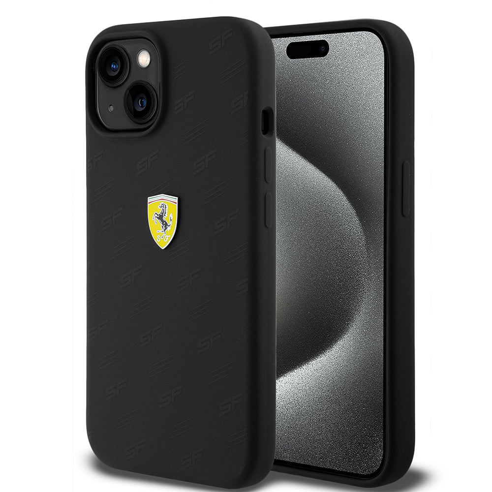 Apple iPhone 15 Kılıf Ferrari Orjinal Lisanslı Metal Logolu SF Yazılı Kapak Siyah