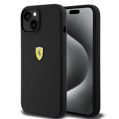 Apple iPhone 15 Kılıf Ferrari Orjinal Lisanslı Metal Logolu SF Yazılı Kapak Siyah