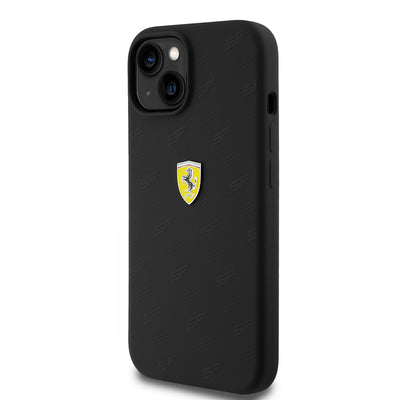 Apple iPhone 15 Kılıf Ferrari Orjinal Lisanslı Metal Logolu SF Yazılı Kapak Siyah