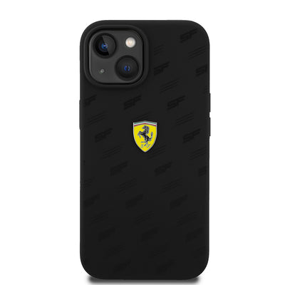 Apple iPhone 15 Kılıf Ferrari Orjinal Lisanslı Metal Logolu SF Yazılı Kapak Siyah