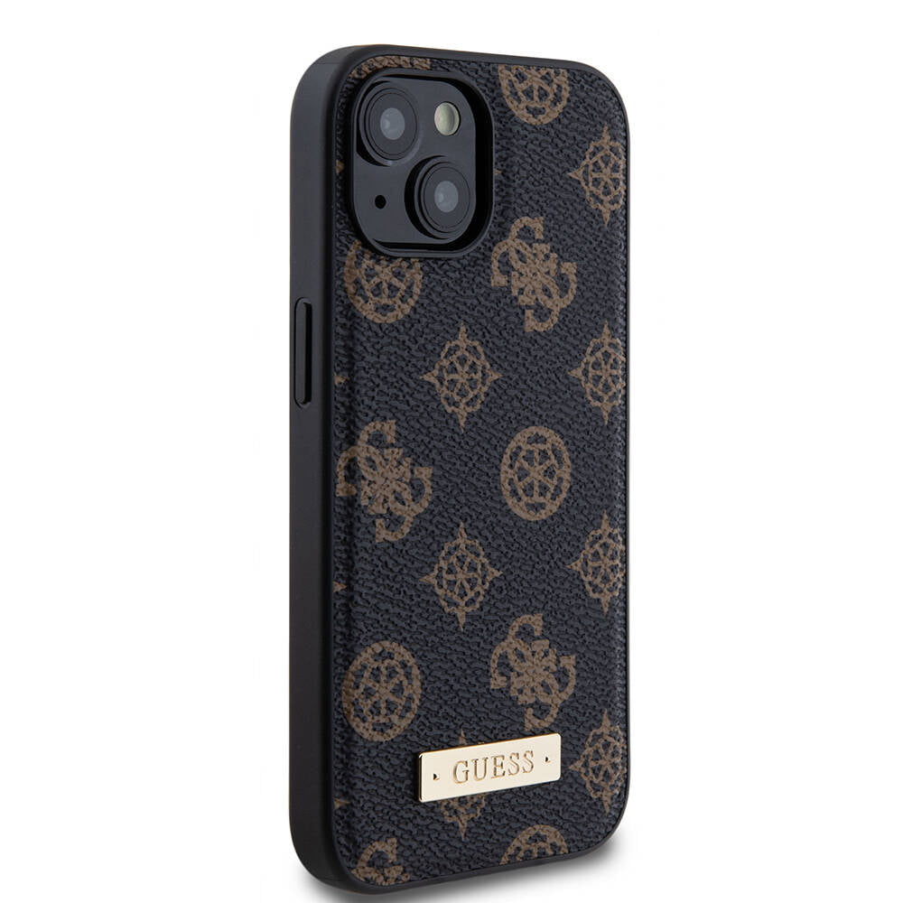 iPhone 15 Kılıf Guess M-safe Şarj Özellikli PU Deri Desenli Metal Plaka Logolu Kılıf