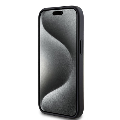 iPhone 15 Kılıf Guess M-safe Şarj Özellikli PU Deri Desenli Metal Plaka Logolu Kılıf