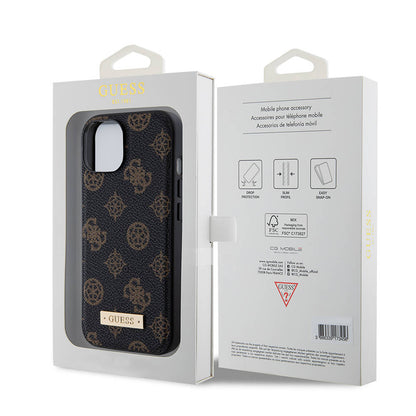 iPhone 15 Kılıf Guess M-safe Şarj Özellikli PU Deri Desenli Metal Plaka Logolu Kılıf