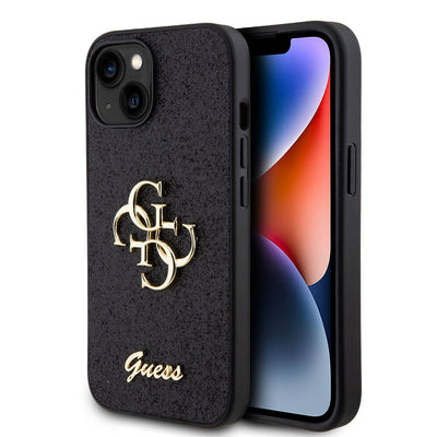 Apple iPhone 15 Kılıf Guess Orjinal Lisanslı 4G Büyük Metal Logolu Glitter Kapak Siyah