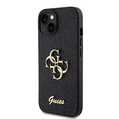 Apple iPhone 15 Kılıf Guess Orjinal Lisanslı 4G Büyük Metal Logolu Glitter Kapak Siyah