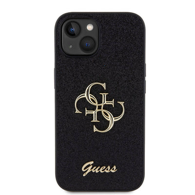 Apple iPhone 15 Kılıf Guess Orjinal Lisanslı 4G Büyük Metal Logolu Glitter Kapak Siyah