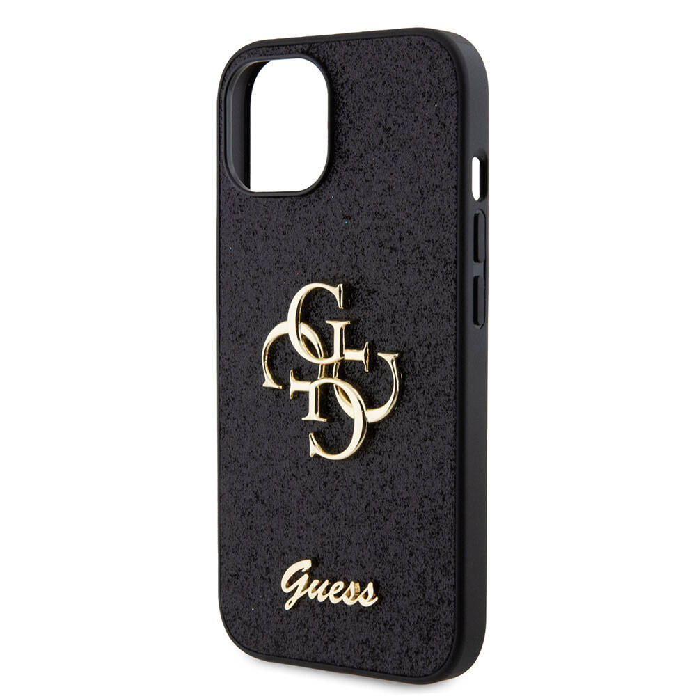 Apple iPhone 15 Kılıf Guess Orjinal Lisanslı 4G Büyük Metal Logolu Glitter Kapak Siyah