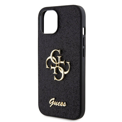 Apple iPhone 15 Kılıf Guess Orjinal Lisanslı 4G Büyük Metal Logolu Glitter Kapak Siyah