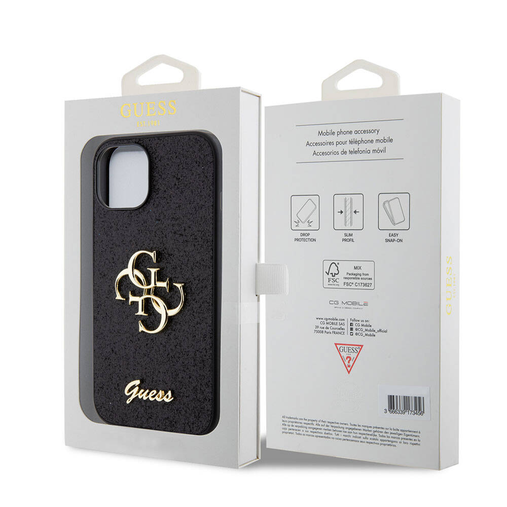 Apple iPhone 15 Kılıf Guess Orjinal Lisanslı 4G Büyük Metal Logolu Glitter Kapak Siyah