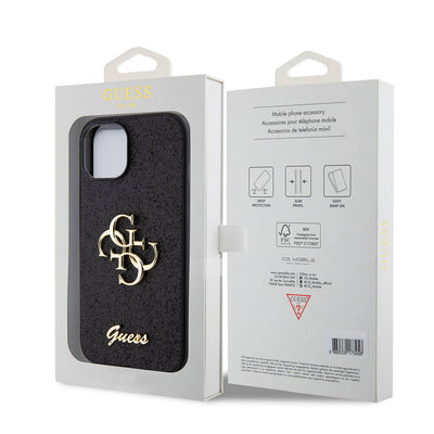 Apple iPhone 15 Kılıf Guess Orjinal Lisanslı 4G Büyük Metal Logolu Glitter Kapak Siyah