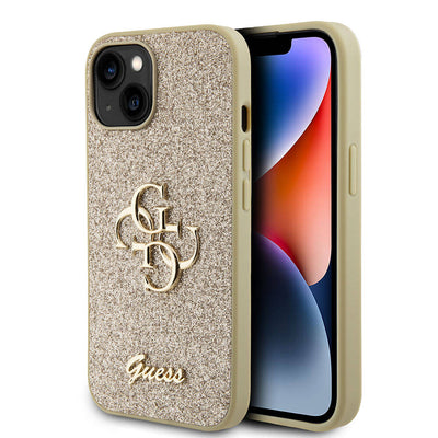 Apple iPhone 15 Kılıf Guess Orjinal Lisanslı 4G Büyük Metal Logolu Glitter Kapak Siyah