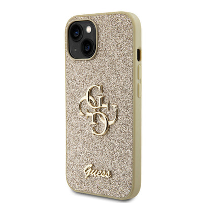 Apple iPhone 15 Kılıf Guess Orjinal Lisanslı 4G Büyük Metal Logolu Glitter Kapak Siyah