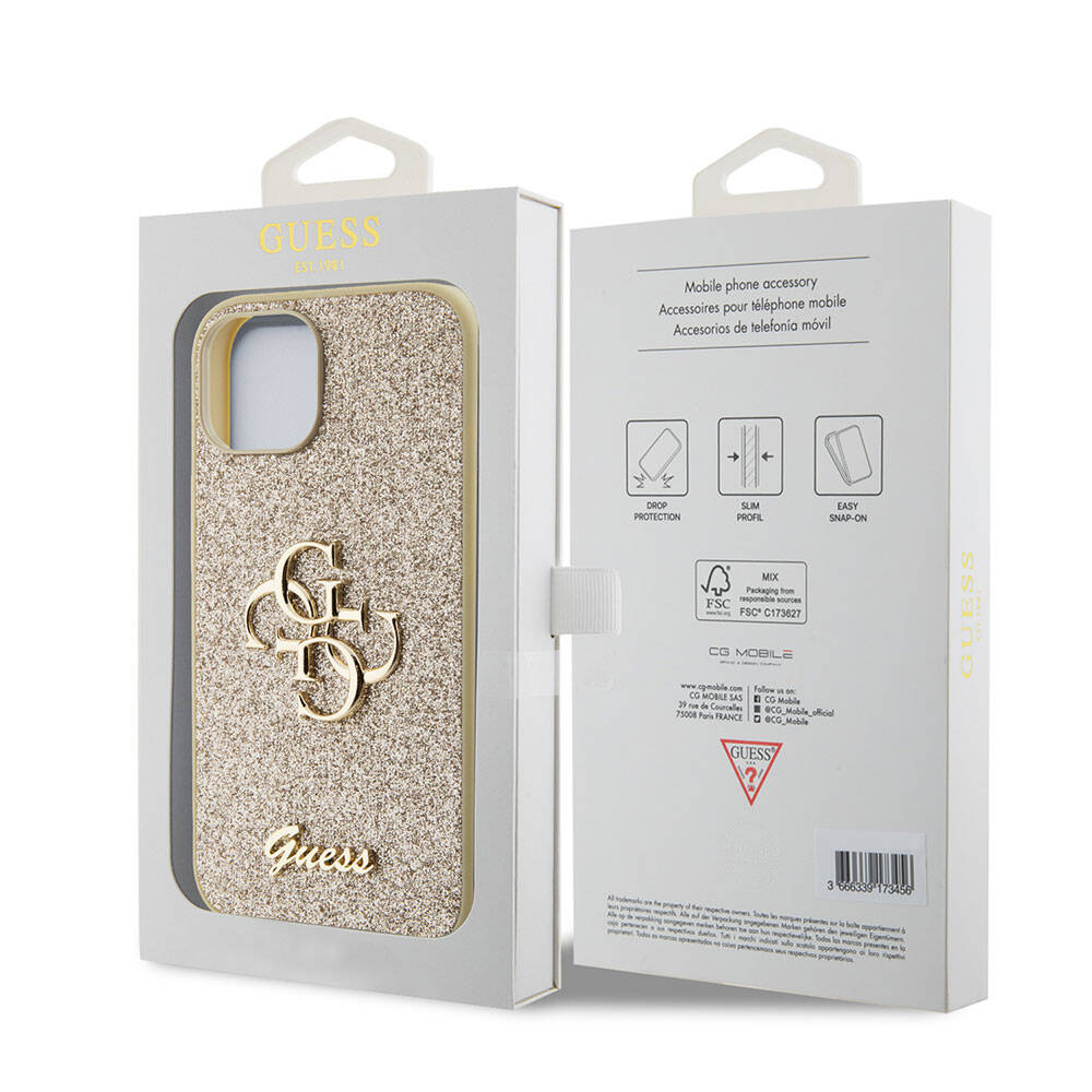 iPhone 15 Kılıf Guess Orjinal Lisanslı 4G Büyük Metal Logolu Glitter Kılıf