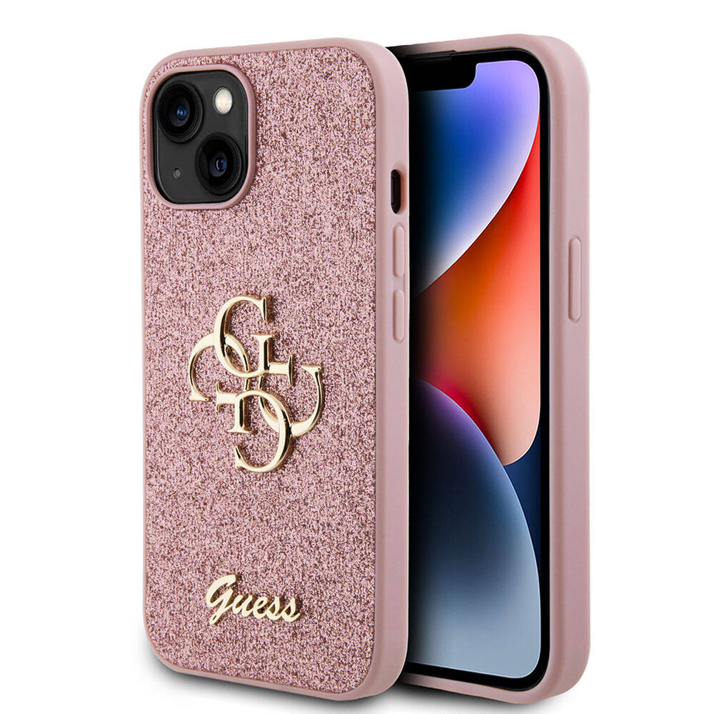 Apple iPhone 15 Kılıf Guess Orjinal Lisanslı 4G Büyük Metal Logolu Glitter Kapak Siyah