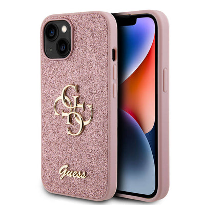 Apple iPhone 15 Kılıf Guess Orjinal Lisanslı 4G Büyük Metal Logolu Glitter Kapak Siyah
