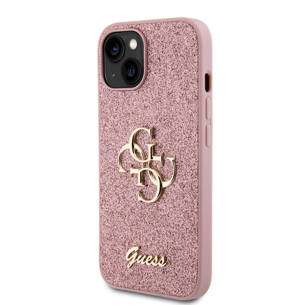 Apple iPhone 15 Kılıf Guess Orjinal Lisanslı 4G Büyük Metal Logolu Glitter Kapak Siyah
