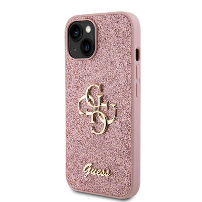Apple iPhone 15 Kılıf Guess Orjinal Lisanslı 4G Büyük Metal Logolu Glitter Kapak Siyah