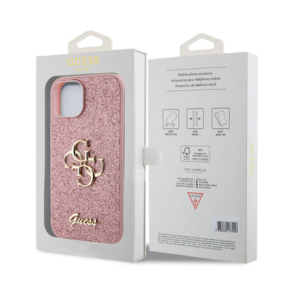 Apple iPhone 15 Kılıf Guess Orjinal Lisanslı 4G Büyük Metal Logolu Glitter Kapak Siyah