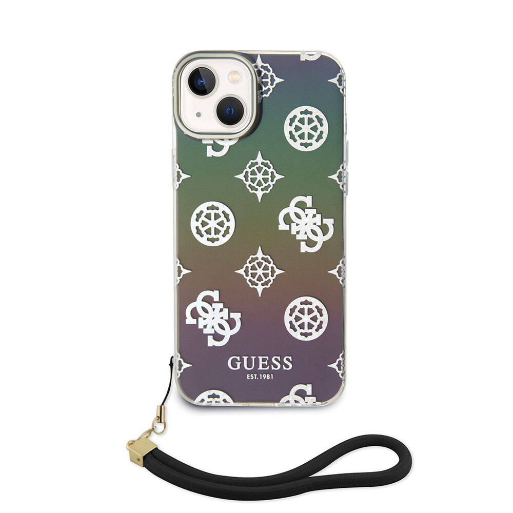 iPhone 15 Kılıf Guess Orjinal Lisanslı Desenli Yazı Logolu Askı İpli Holografik Glitter Peony Kılıf